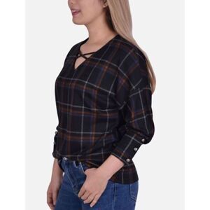 NY COLLECTION - NWT - L Sz 1X Long-Sleeve, Plaid, Cris-Cross Top w/Button Cuffs